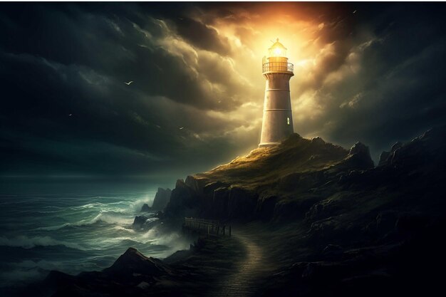 Lighthouse on a rock in the sea at night 3d rendering