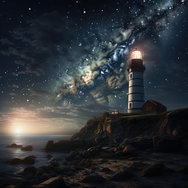 Lighthouse on rock stars and seas at night created using generative ai technology
