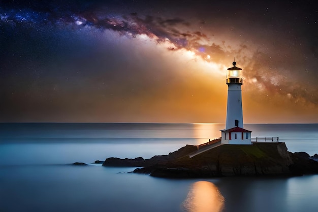 A lighthouse on a rock with a beautiful sunset behind it