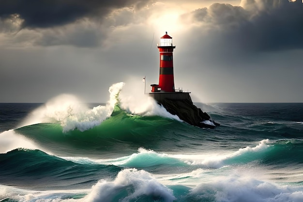 A lighthouse on a rock with a cloudy sky in the background.