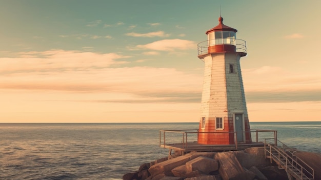 a lighthouse on a rock with the ocean in the background