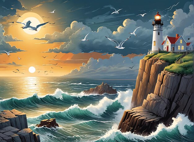 a lighthouse on the rocks at sunset