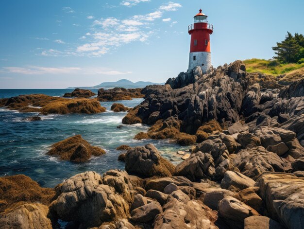 a lighthouse on a rocky beach