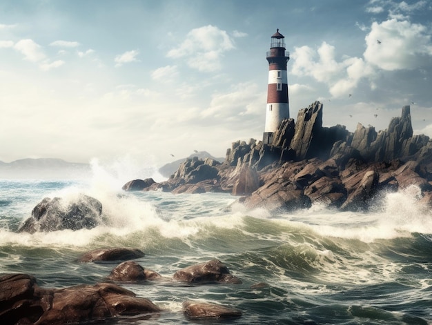 A lighthouse on a rocky coast with a cloudy sky in the background.