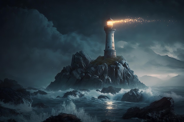 A lighthouse on a rocky island with a dark sky and waves