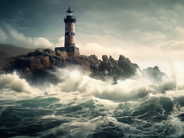 Lighthouse on a rocky island with waves crashing on the shore