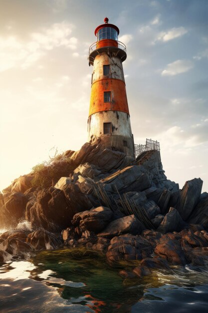 A lighthouse on a rocky shore with the sun setting behind it.