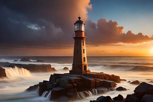 A lighthouse on a rocky shore with a sunset in the background.