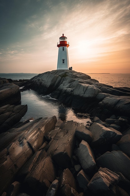 A lighthouse on a rocky shore with a sunset in the background