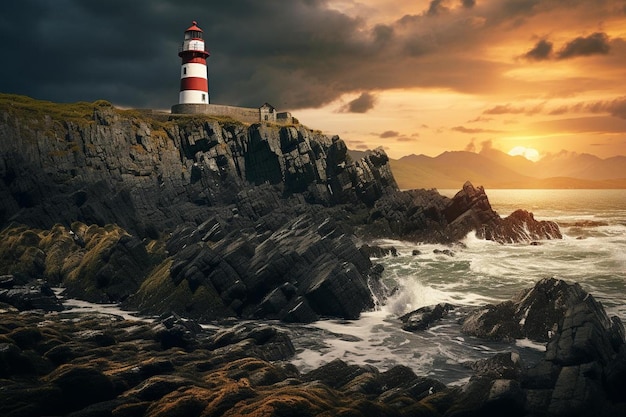 荒れ果てた海岸の灯台の自然背景画像
