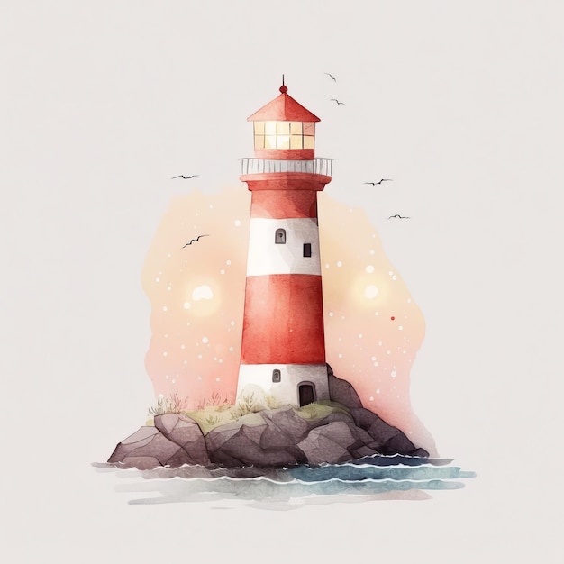 Lighthouse in the sea drawing on paper painted in watercolor on a light background Generative AI