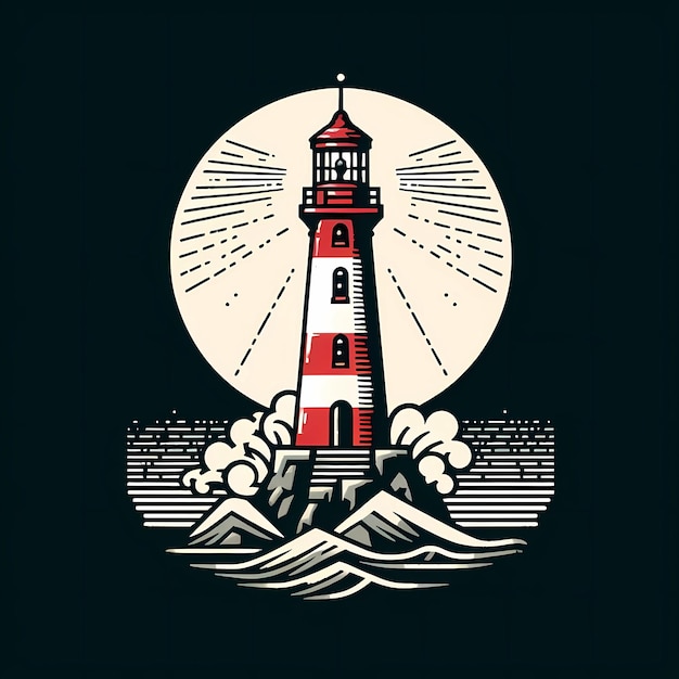 Foto faro in mare illustrazione vettoriale disegnata a mano in stile retro