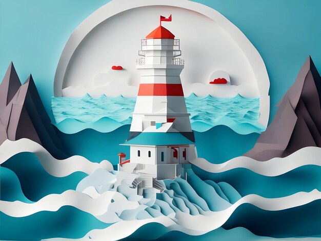 a lighthouse in the sea paper art