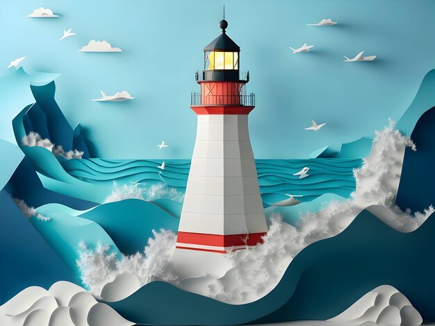 Photo a lighthouse in the sea paper art