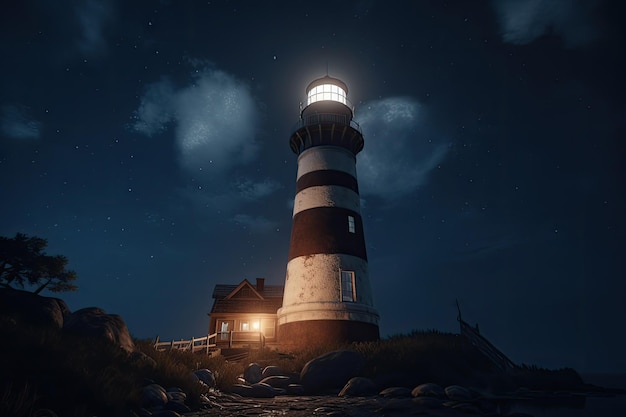 Lighthouse in sea at starry night Navigation for ships Generative AI