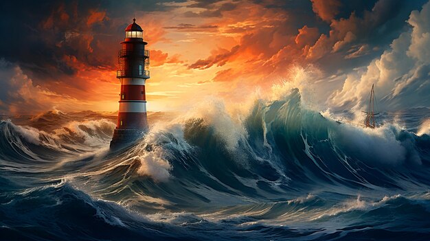 lighthouse on the sea at sunrise