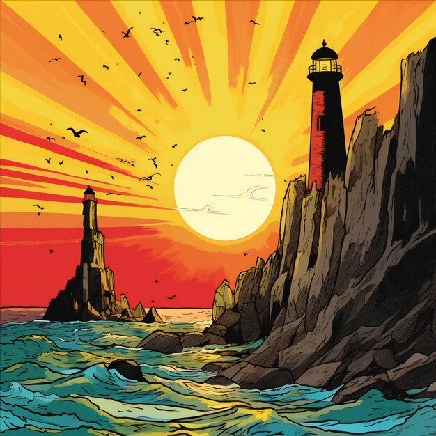 Lighthouse in the sea at sunset illustration of a landscape