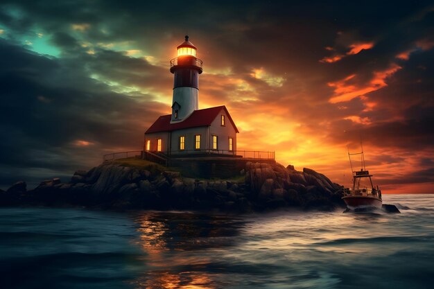 Lighthouse on the sea at sunset