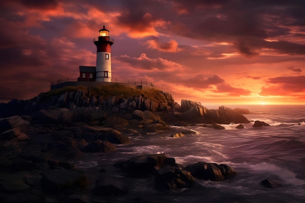 Lighthouse on the sea at sunset