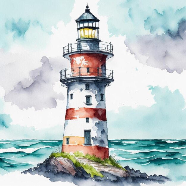 lighthouse at sea watercolor illustration