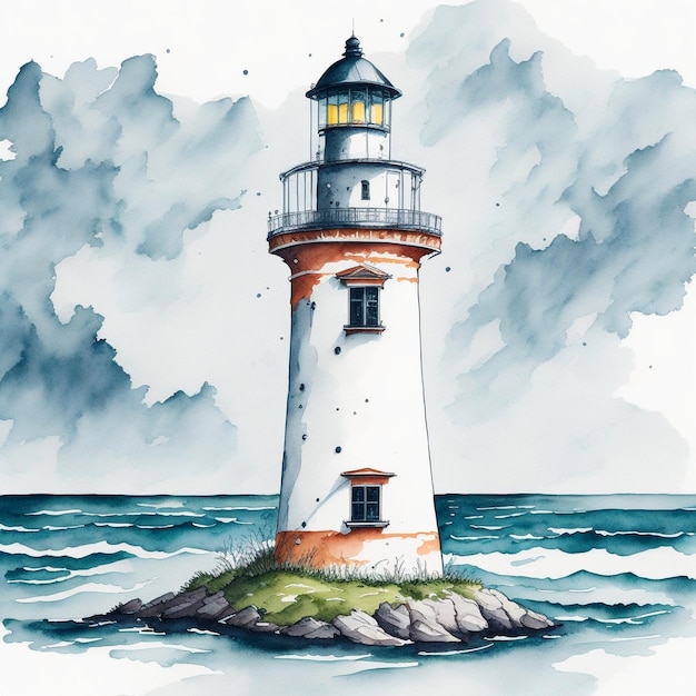 маяк в море акварельная иллюстрация