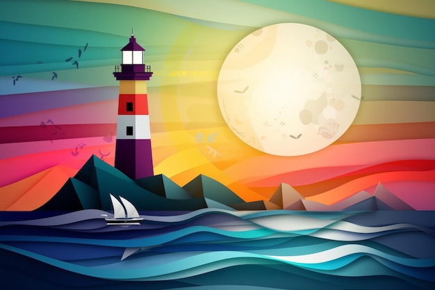 満月を背景に海の灯台。