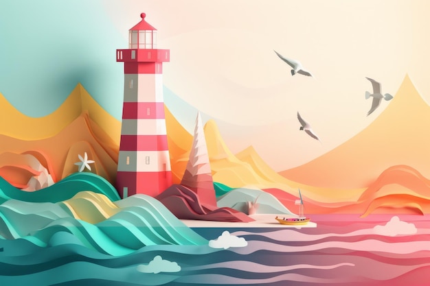 A lighthouse in the sea with mountains and birds in the background.