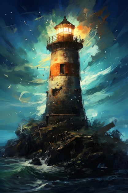 A lighthouse in the sea with the sky in the background