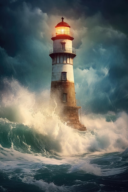Lighthouse in the sea with strong waves