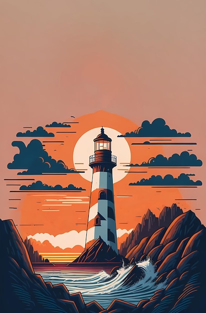 Иллюстрация на фоне маяка с морским пейзажем