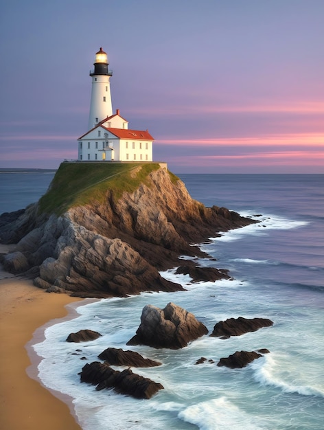 Lighthouse on the seashore with waves at dawn