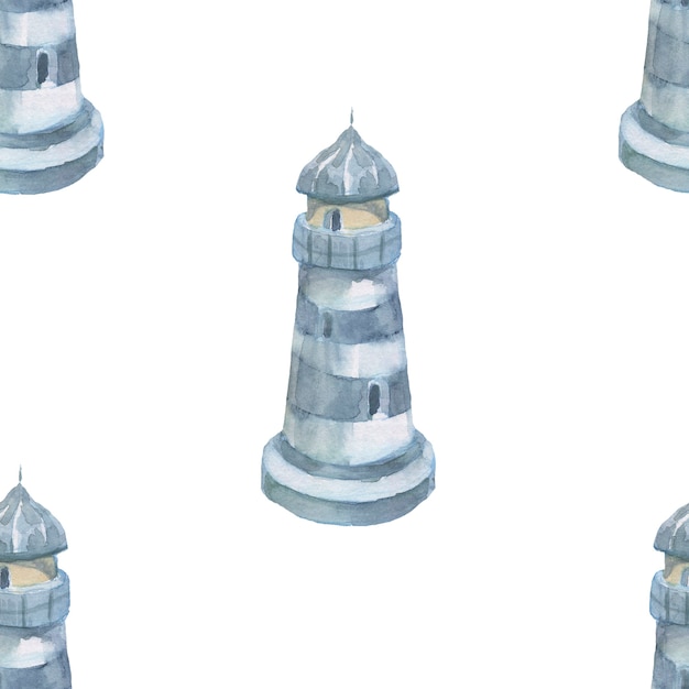 lighthouse shells sea seamless pattern travel beach watercolor illustration hand drawn