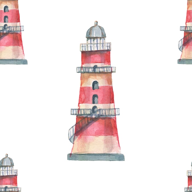 lighthouse shells sea seamless pattern travel beach watercolor illustration hand drawn