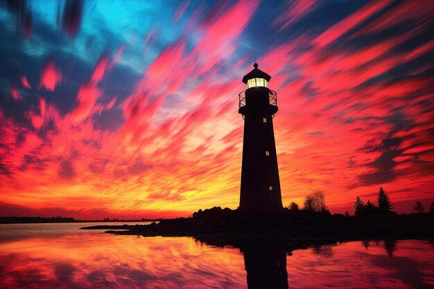 Photo lighthouse silhouette against a colorful sky at dusk created with generative ai