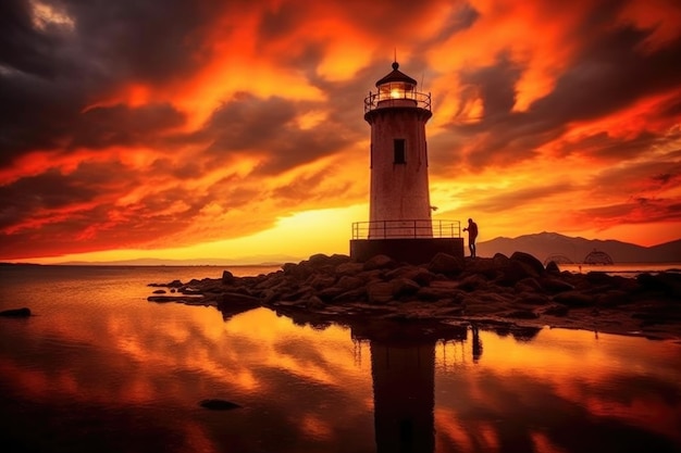 Lighthouse silhouette against a dramatic sunset sky created with generative ai