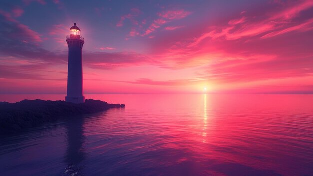 Lighthouse silhouette against vibrant sunset