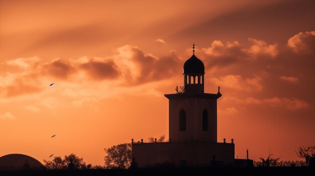 A lighthouse silhouetted against a sunset sky