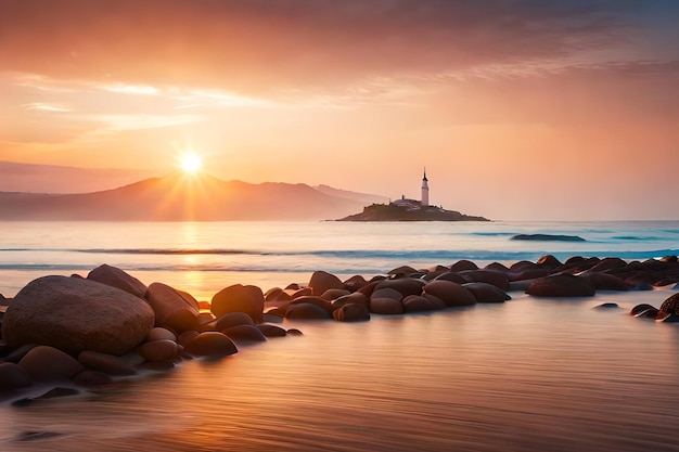 A lighthouse sits on a beach at sunset.