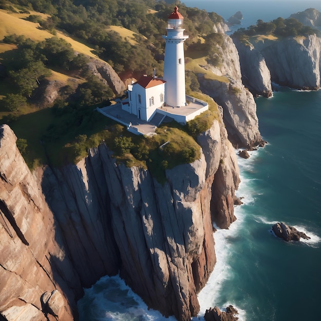 Lighthouse sits on a cliff overlooking of mountain Ai Generated