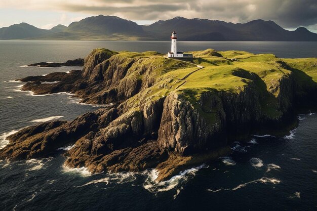 Photo a lighthouse sits on a cliff overlooking the ocean