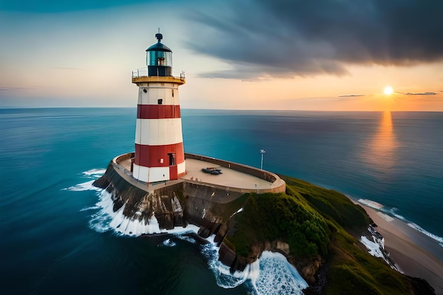 A lighthouse sits on a rock overlooking the ocean.