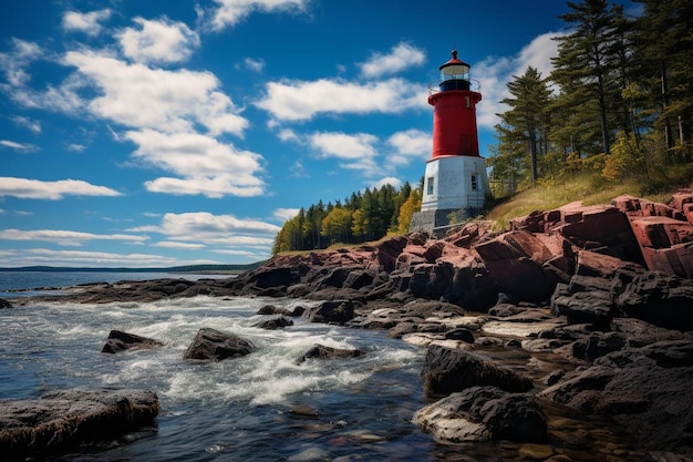 a lighthouse sits on the rocks in front of a blue sky with clouds