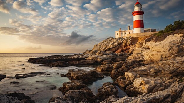 a lighthouse sits on a rocky cliff overlooking the ocean