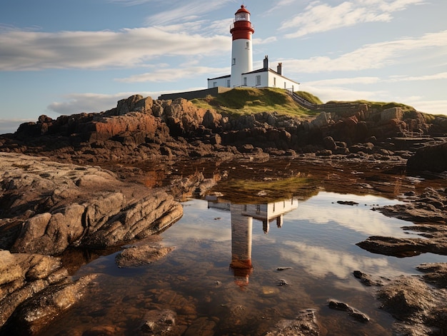 Photo a lighthouse sits on a rocky shore with a reflection of the lighthouse in the water