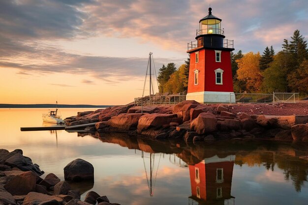 a lighthouse sits on a rocky shore with a sunset in the background