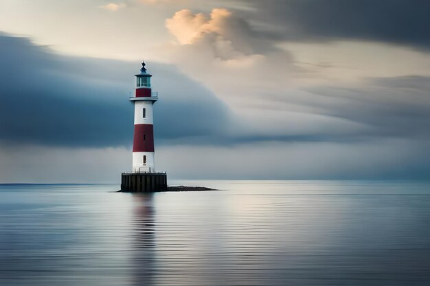 a lighthouse sits on the water with a cloudy sky in the background.