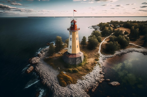 A lighthouse on a small island in the middle of the ocean