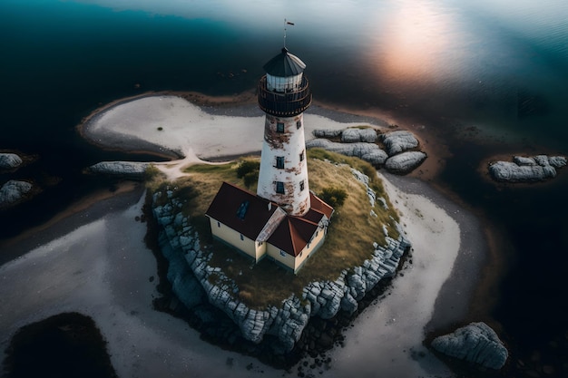 A lighthouse on a small island with the sun setting behind it