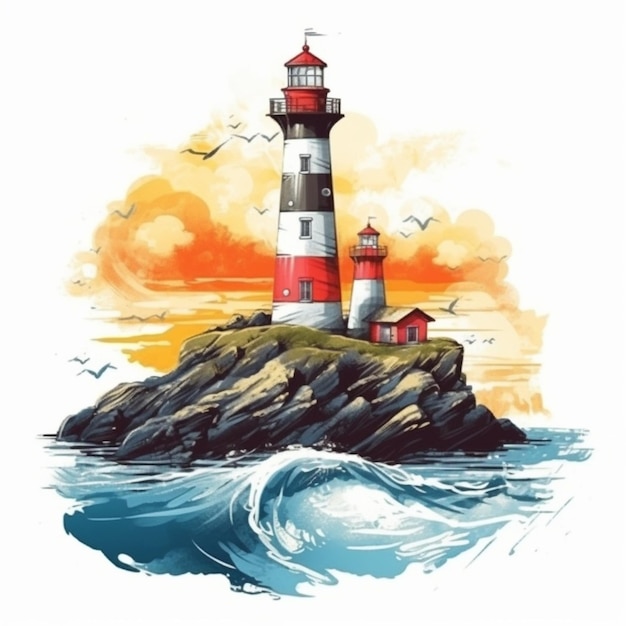 a lighthouse on a small island with waves and birds flying around generative ai