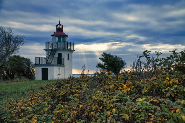 Lighthouse Spodsbjerg Fyr in Huntsted on the coast of Denmark Sun rays shining